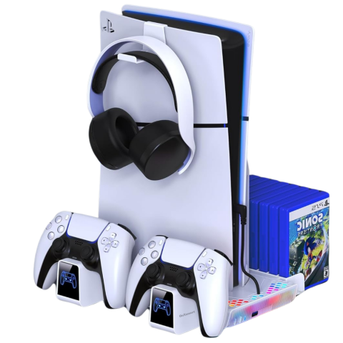 Accesorii console gaming - Stand racire si incarcare Ps5 OnXsmart®, 5 in 1 multifunctional, fast charge, 14 Sloturi suport jocuri, suport casti, compatibilitate PS5 SLIM, DIGITAL si DISC, conectare usb, Alb