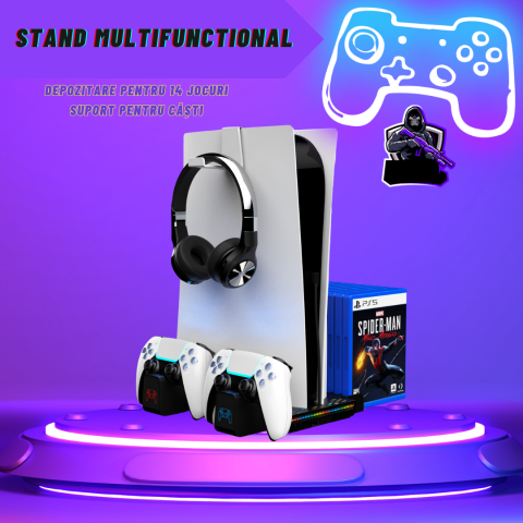 Stand racire si incarcare Ps5 OnXsmart®, 5 in 1 multifunctional, fast charge, 14 Sloturi suport jocuri, suport casti, compatibilitate PS5 SLIM, DIGITAL si DISC, conectare usb, NEGRU [3]