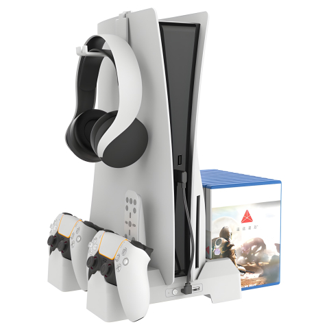 Accesorii console gaming - Statie racire incarcare Ps5 OnXsmart®, Incarcare dubla controllere, Dubla Racire, Sloturi suport jocuri, conectare usb, Alb