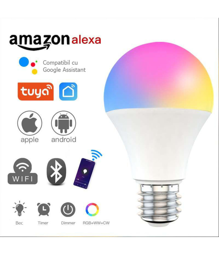 Bec Inteligent LED RGB+WW inteligent Smart A67, Wi-Fi, Tuya/Smartlife, E27, 9W (100W), 806 lm, lumina alba si colorata (2200-6500K), @SmartWiz [2]