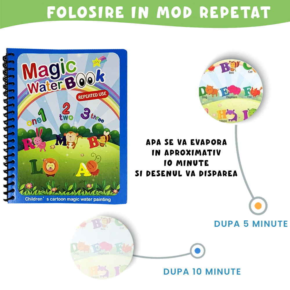 Carte de colorat cu apa Magic Book, Reutilizabila, plina de culori vibrante, Litere si Cifre [3]