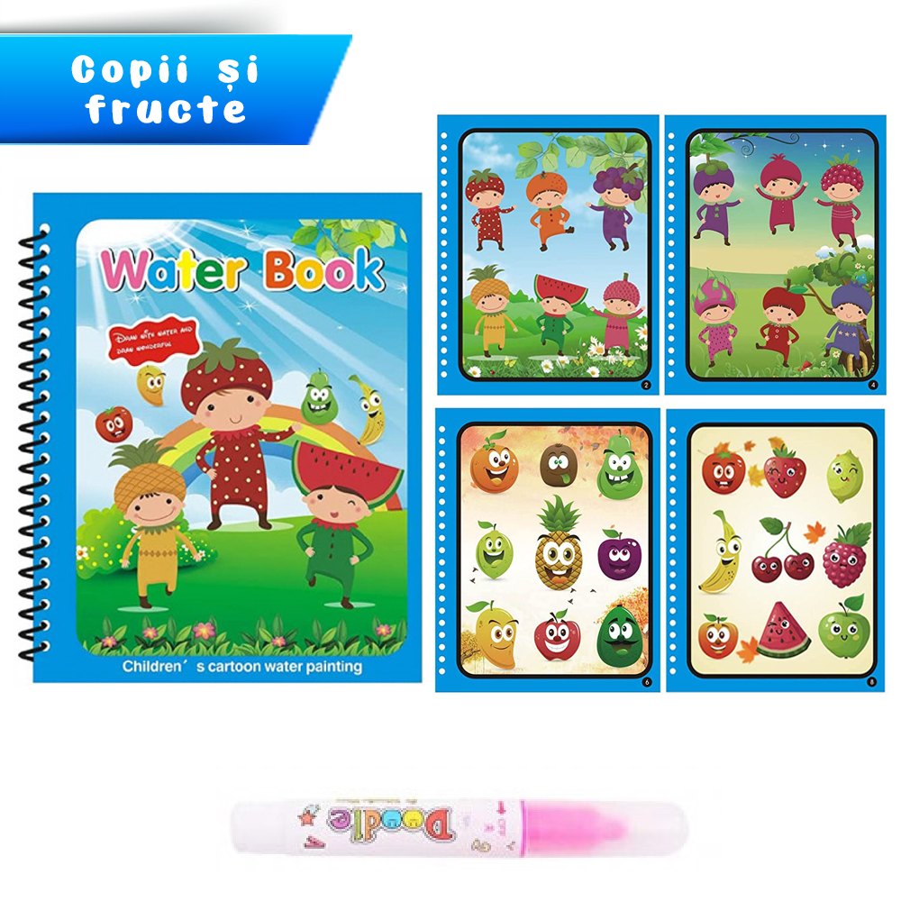 Carte de colorat cu apa Magic Book , Reutilizabila, plina de culori vibrante, Copii si fructe [2]