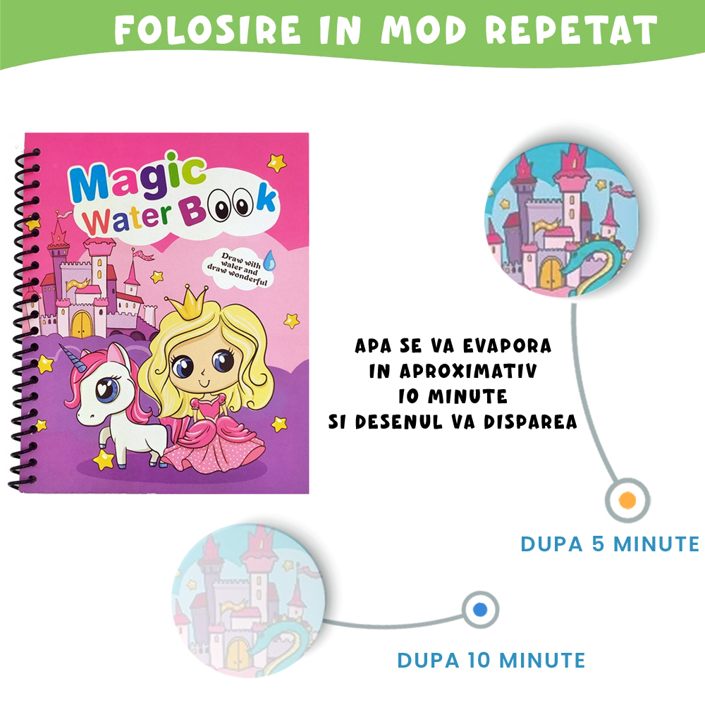 Carte de colorat cu apa Magic Book , Reutilizabila, plina de culori vibrante, Printesa si Unicornul [4]