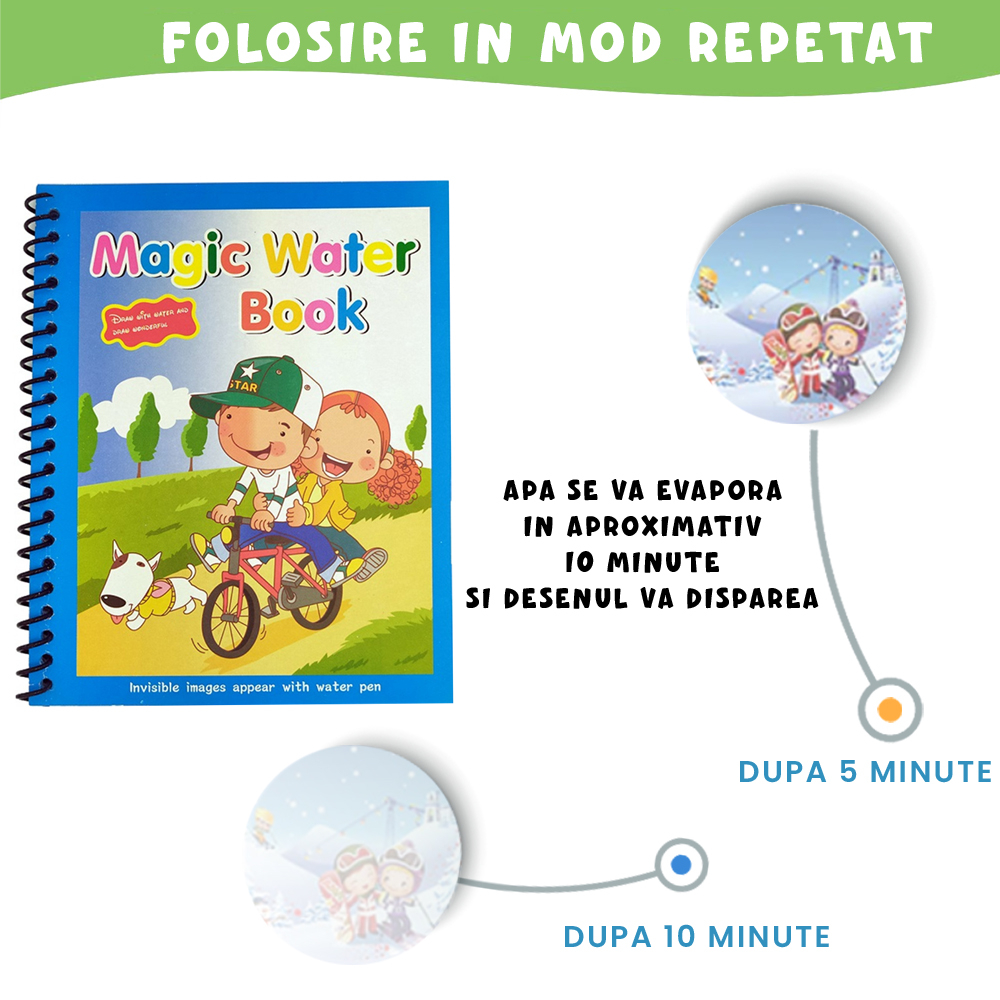 Carte de colorat cu apa , plina de culori vibrante, Bicicleta, Balon cu aer cald, Om de zapada [4]