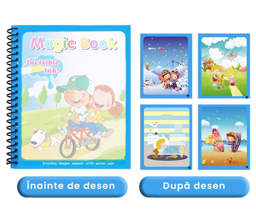 Carte de colorat cu apa , plina de culori vibrante, Bicicleta, Balon cu aer cald, Om de zapada [6]