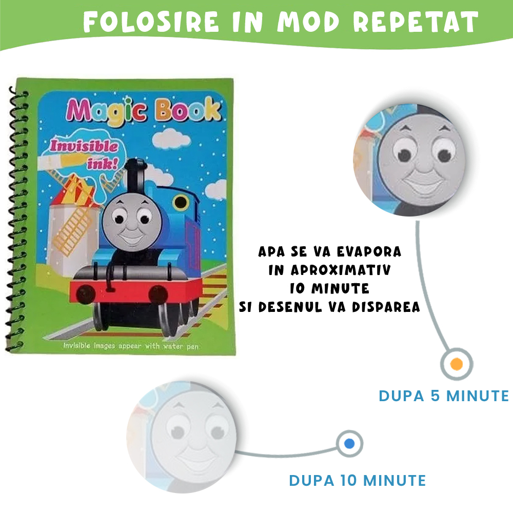 Carte de colorat cu apa Magic Book, Reutilizabila, plina de culori vibrante, Trenul Thomas - 8 pagini, pentru fete si baieti de la 3 ani, Pitikot [4]