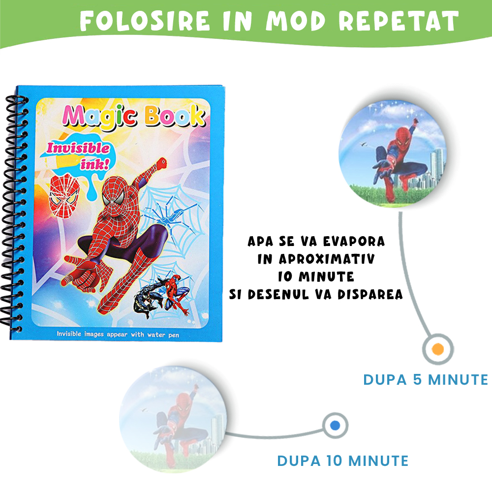Carte de colorat cu apa Magic Book, Reutilizabila, plina de culori vibrante, Spiderman [4]