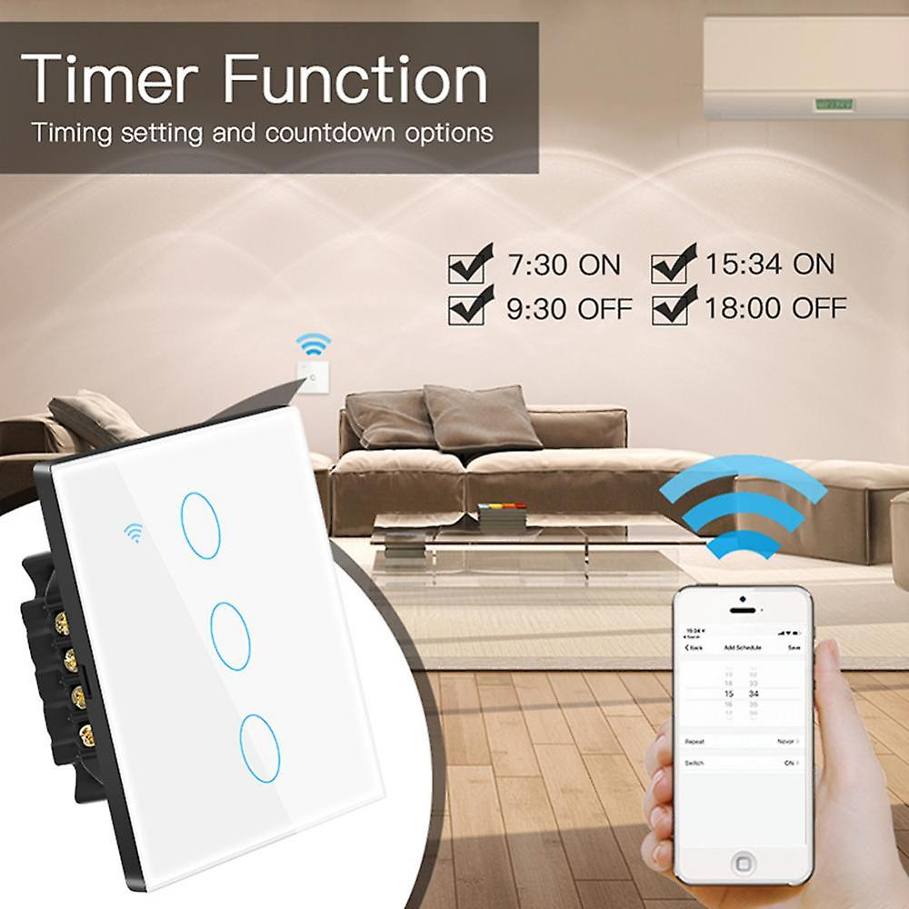 Intrerupator inteligent cu touch Tuya, Life Smart, Aubess, Wi-Fi, fara nul, 3 canale, 16A, Sticla securizata, compatibil Amazon Alexa/Google Assistant, Alb [2]