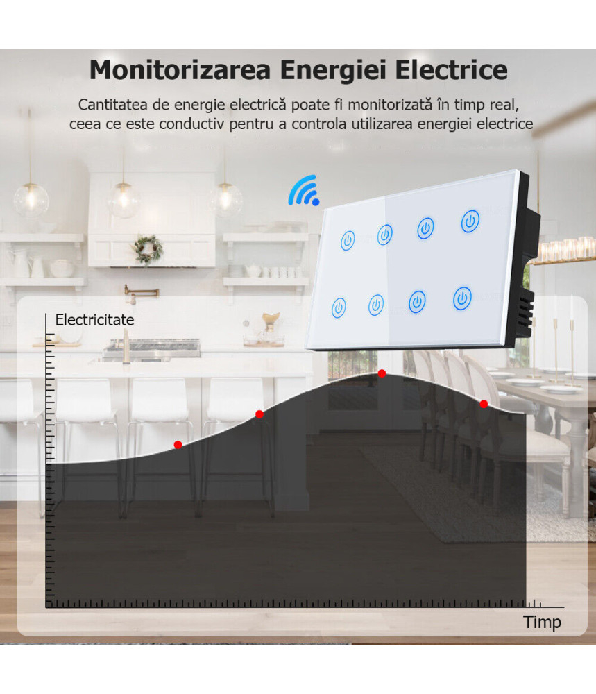 Intrerupator inteligent cu touch Tuya, Life Smart, Wi-Fi, cu sau fara nul, 8 canale, 10A, Sticla securizata, compatibil Amazon Alexa/Google Assistant, Negru @SmartWiz [3]