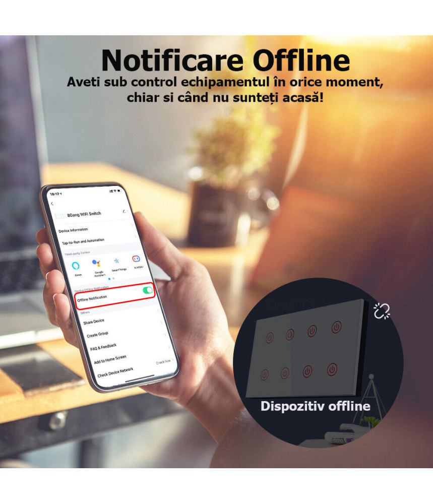 Intrerupator inteligent cu touch Tuya, Life Smart, Wi-Fi, cu sau fara nul, 8 canale, 10A, Sticla securizata, compatibil Amazon Alexa/Google Assistant, Negru @SmartWiz [2]