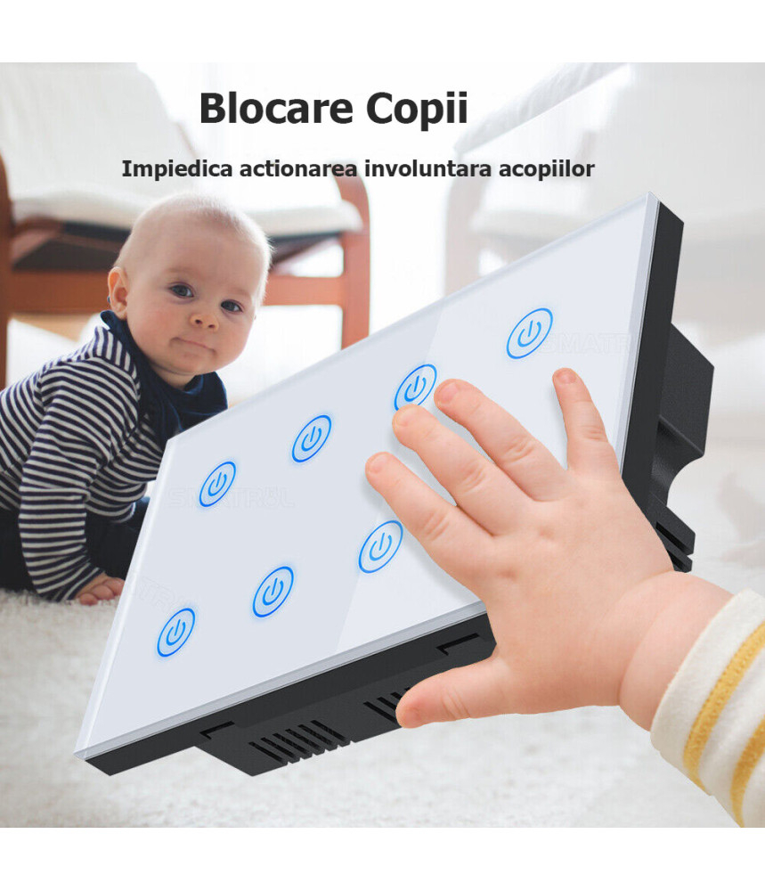 Intrerupator inteligent cu touch Tuya, Life Smart, Wi-Fi, cu sau fara nul, 8 canale, 10A, Sticla securizata, compatibil Amazon Alexa/Google Assistant, Negru @SmartWiz [6]