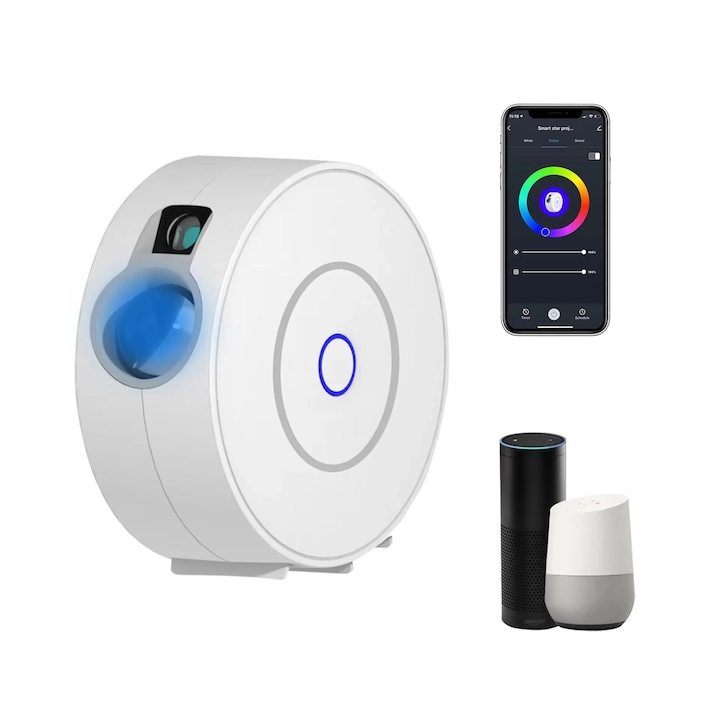 Lampa de veghe tip proiector stele laser cu aplicatie pe telefon, galaxii pentru camera, compatibila cu TUYA, Google Assistant, Amazon Alexa, temporizator, 4 unghiuri @SmartWIZ [5]