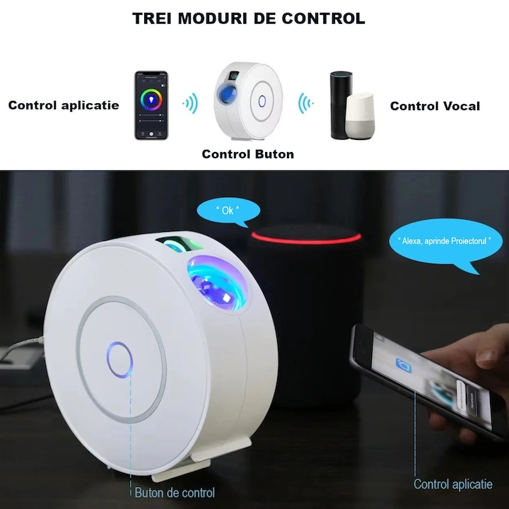 Lampa de veghe tip proiector stele laser cu aplicatie pe telefon, galaxii pentru camera, compatibila cu TUYA, Google Assistant, Amazon Alexa, temporizator, 4 unghiuri @SmartWIZ [2]