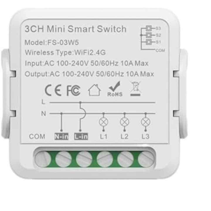 Mini Releu 3 Canale inteligent Wi-Fi, programabil, Compatibil cu app Tuya, Smart Life, Control vocal, Alexa, Amazon, Google Home, 10A @SmartWiz [1]