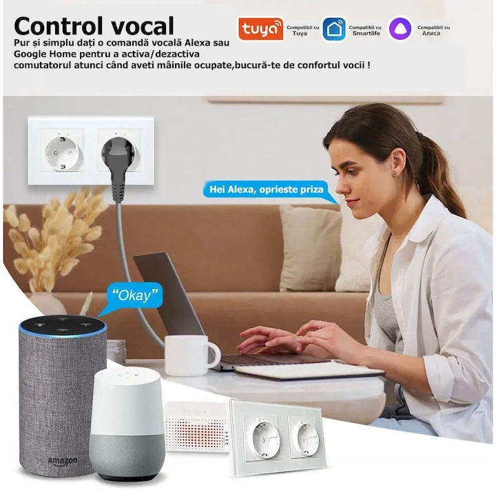 Priza dubla inteligenta de perete, Wi-Fi, Rama din sticla, Monitorizare consum, 16A, Smart Life / Tuya APP, Alb @SmartWiz [4]