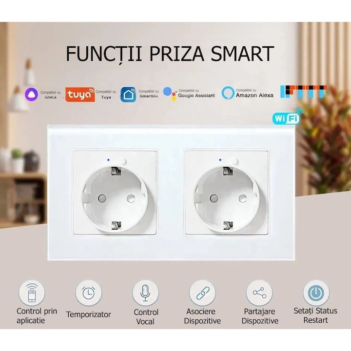 Priza dubla inteligenta de perete, Wi-Fi, Rama din sticla, Monitorizare consum, 16A, Smart Life / Tuya APP, Alb @SmartWiz [3]