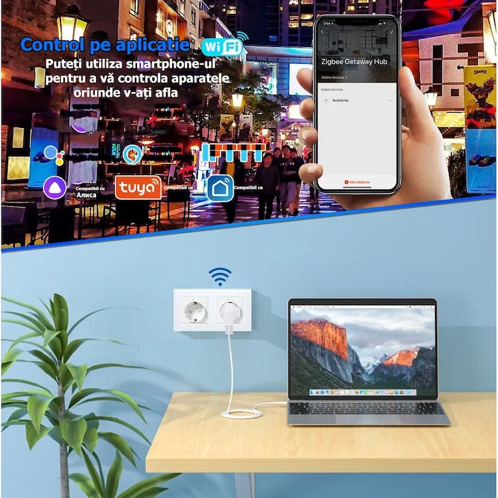 Priza dubla inteligenta de perete, Wi-Fi, Rama din sticla, Monitorizare consum, 16A, Smart Life / Tuya APP, Alb @SmartWiz [5]