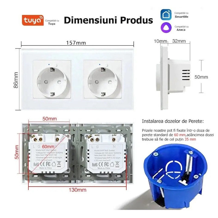 Priza dubla inteligenta de perete, Wi-Fi, Rama din sticla, Monitorizare consum, 16A, Smart Life / Tuya APP, Alb @SmartWiz [2]