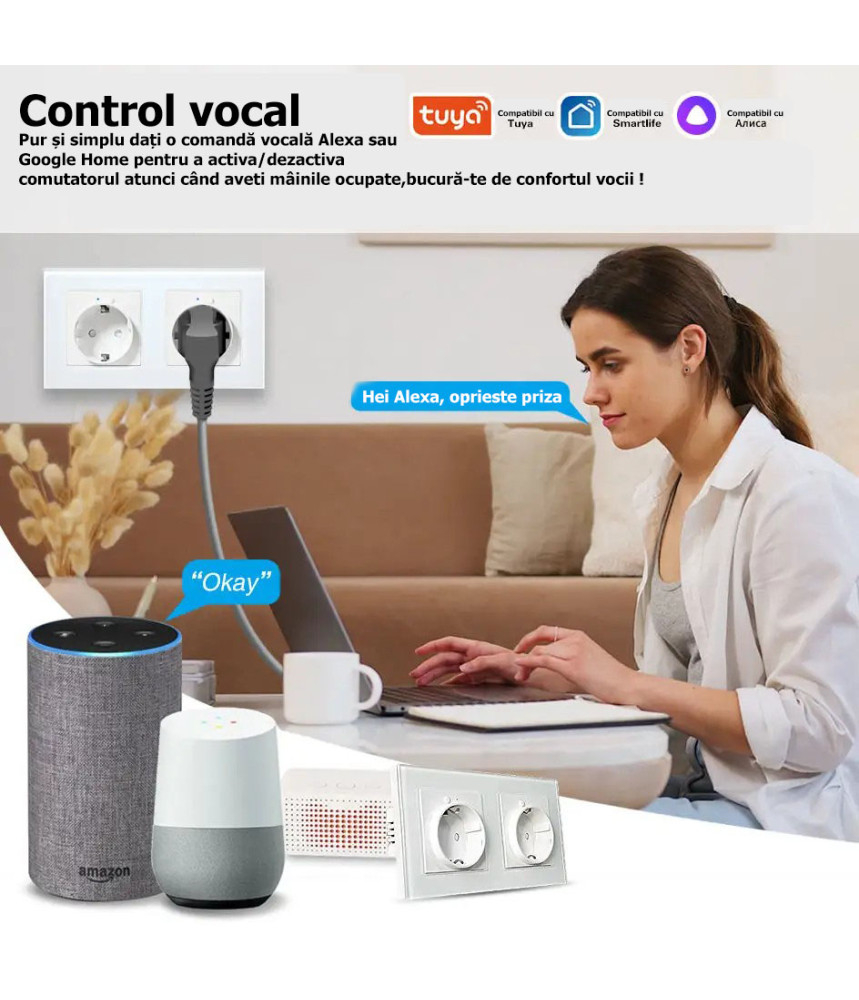 Priza dubla inteligenta de perete16A USB Type-C, Wi-Fi, Rama din sticla, Monitorizare consum, 16A, Smart Life / Tuya APP, Alb @SmartWiz [3]