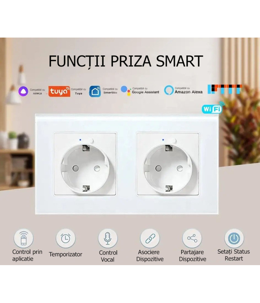 Priza dubla inteligenta de perete16A USB Type-C, Wi-Fi, Rama din sticla, Monitorizare consum, 16A, Smart Life / Tuya APP, Alb @SmartWiz [5]