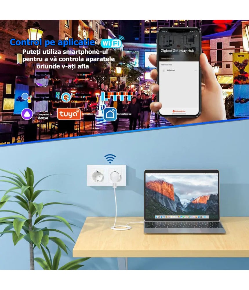 Priza dubla inteligenta de perete16A USB Type-C, Wi-Fi, Rama din sticla, Monitorizare consum, 16A, Smart Life / Tuya APP, Alb @SmartWiz [4]