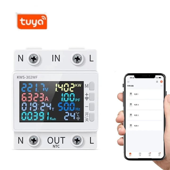 Releu monofazic WIFI, contor de energie inteligent, digital, reglabil, 63A, 230V, protectie subtensiune, supratensiune, suprasarcina, monitorizare KWh, programabil Tuya App @SmartWIZ [5]