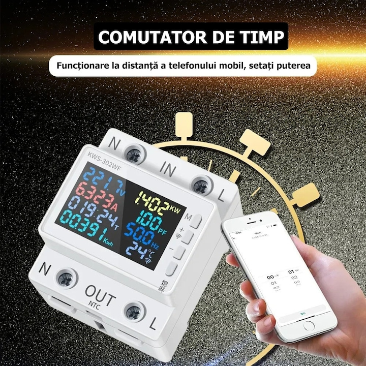 Releu monofazic WIFI, contor de energie inteligent, digital, reglabil, 63A, 230V, protectie subtensiune, supratensiune, suprasarcina, monitorizare KWh, programabil Tuya App @SmartWIZ [4]