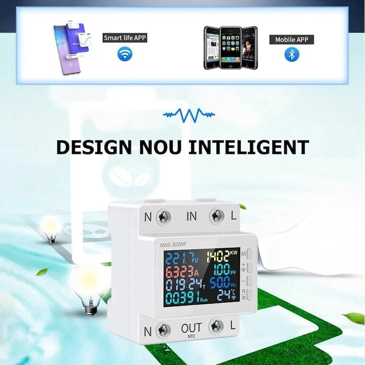 Releu monofazic WIFI, contor de energie inteligent, digital, reglabil, 63A, 230V, protectie subtensiune, supratensiune, suprasarcina, monitorizare KWh, programabil Tuya App @SmartWIZ [2]