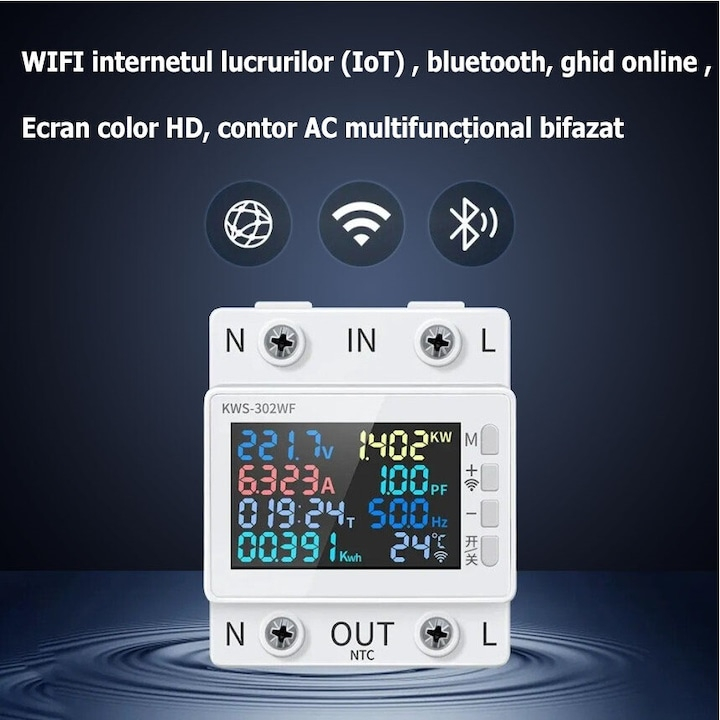 Releu monofazic WIFI, contor de energie inteligent, digital, reglabil, 63A, 230V, protectie subtensiune, supratensiune, suprasarcina, monitorizare KWh, programabil Tuya App @SmartWIZ [3]