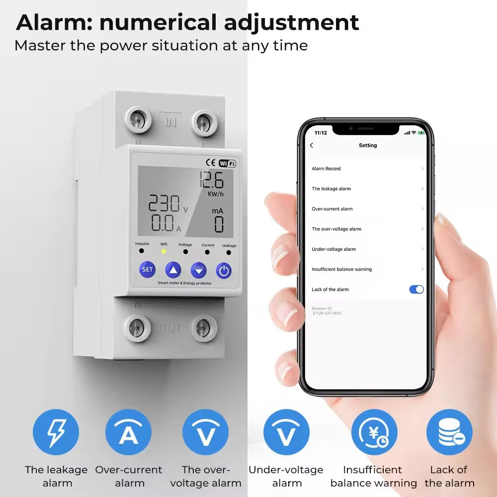Releu monofazic WIFI, contor de energie inteligent, protectie supratensiune, subtensiune, suprasarcina, reglabil, digital, 63A, 230V, monitorizare KWh, programabil Tuya App @SmartWiz [8]