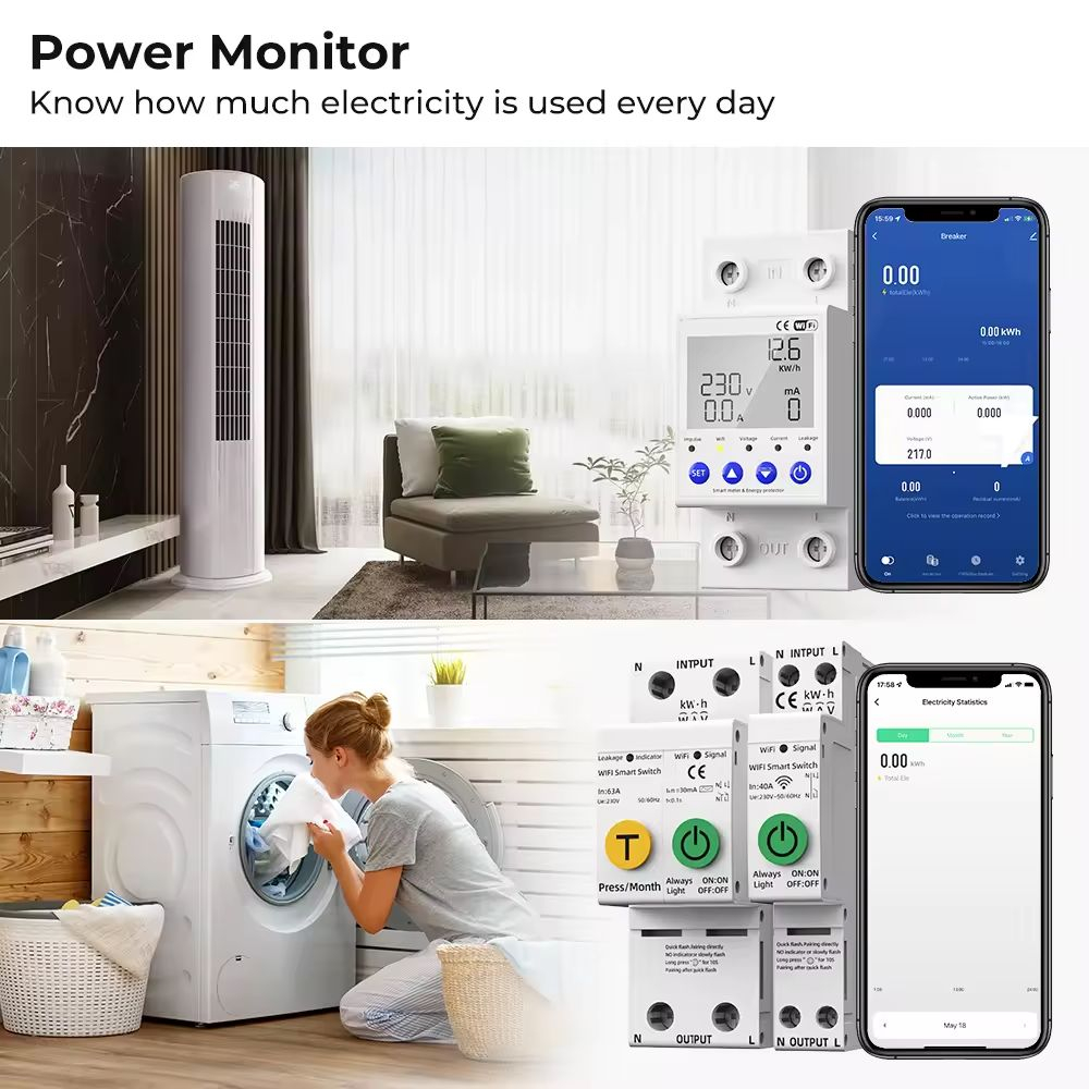 Releu monofazic WIFI, contor de energie inteligent, protectie supratensiune, subtensiune, suprasarcina, reglabil, digital, 63A, 230V, monitorizare KWh, programabil Tuya App @SmartWiz [7]