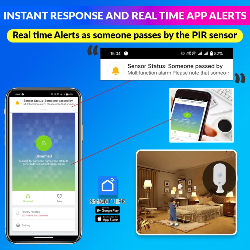Senzor de miscare inteligent, Wifi, Wireless, Unghi de detectare 110 °, Distanta detectie 12m, Senzor infrarosu, PIR, compatibil Tuya SmartLife, Android, IoS, Alb @SmartWiz [5]