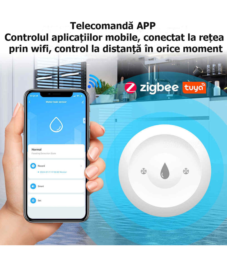 Senzor de scurgere a apei Smart Life, nivel IP66, alarma, detector prin aplicatie, imersie, Tuya Zigbee @SmartWiz [3]