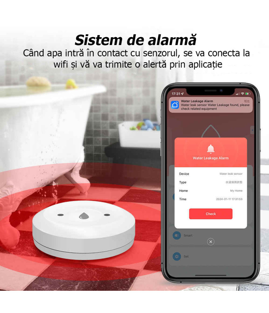 Senzor de scurgere a apei Smart Life, nivel IP66, alarma, detector prin aplicatie, imersie, Tuya Zigbee @SmartWiz [5]