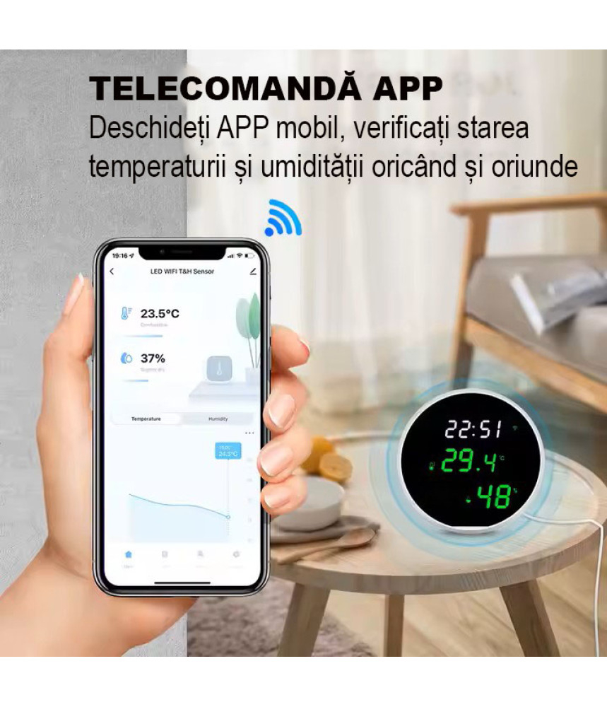 Senzor de umiditate si temperatura, Tuya wi-fi Smart Life Alexa Google Home Wifi, Ecran oglinda LED, Hygrometeru, Termometru @Smartwiz [2]