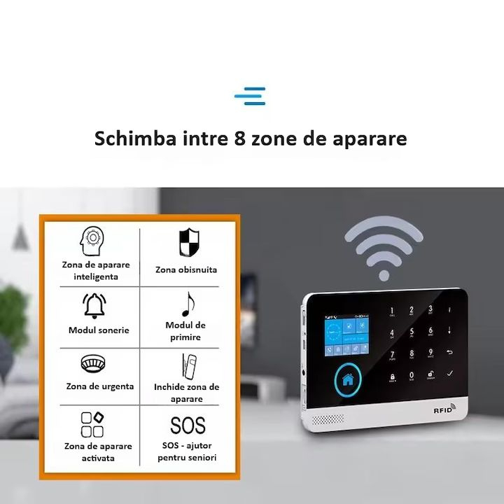 Sistem de alarma wireless, LCD, WiFi, GSM, RFID, touchscreen, control prin aplicatie, kit inteligent cu senzor si detector PIR, compatibil cu aplicatia Tuya, alerta prin SMS, apel vocal @Smartwiz [5]