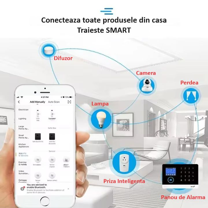Sistem de alarma wireless, LCD, WiFi, GSM, RFID, touchscreen, control prin aplicatie, kit inteligent cu senzor si detector PIR, compatibil cu aplicatia Tuya, alerta prin SMS, apel vocal @Smartwiz [4]