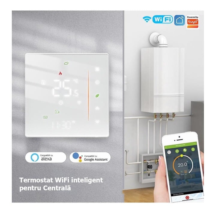 Termostat Inteligent Alb, Centrala, Smart, WIFI, 3-16A, Control prin Aplicatia Tuya, Wireless, Prindere in Doza de Perete, Control Vocal Google Home, Alexa @SmartWiz [3]