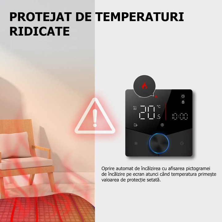 Termostat Inteligent de ambient, Centrala/Boiler Electric cu Rotita, Negru, WIFI, Control prin Aplicatia Tuya, Wireless, Prindere in Doza de Perete, Control Vocal Google Home, Alexa, Negru @SmartWiz [4]