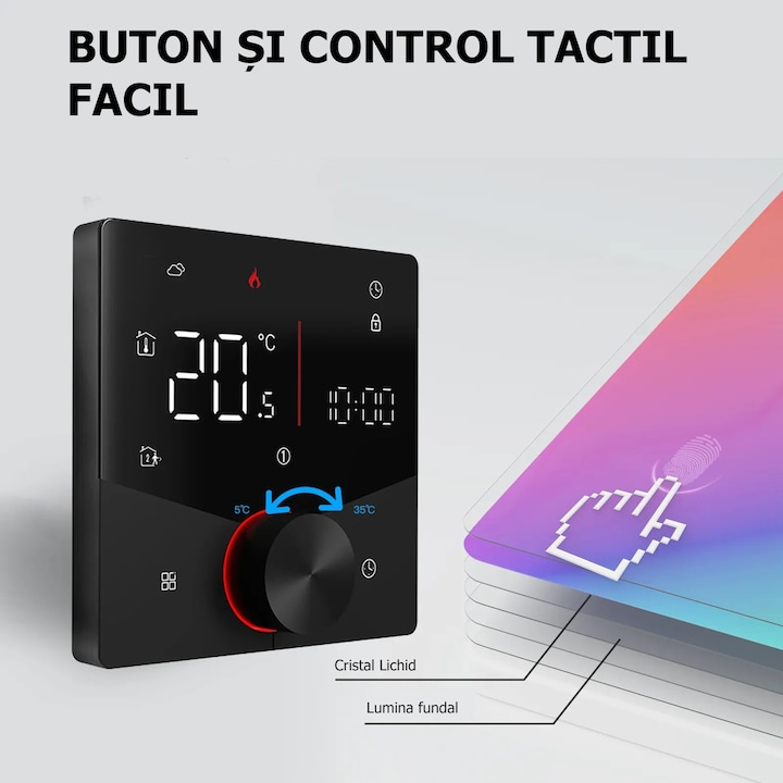 Termostat Inteligent de ambient, Centrala/Boiler Electric cu Rotita, Negru, WIFI, Control prin Aplicatia Tuya, Wireless, Prindere in Doza de Perete, Control Vocal Google Home, Alexa, Negru @SmartWiz [2]