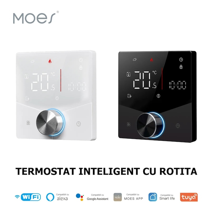 Termostat Inteligent de ambient, Centrala/Boiler Electric cu Rotita, Wi-FI, Control prin Aplicatia Tuya, Wireless, Prindere in Doza de Perete, Control Vocal Google Home, Alexa, Alb @SmartWiz [4]