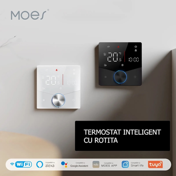 Termostat Inteligent de ambient, Centrala/Boiler Electric cu Rotita, Wi-FI, Control prin Aplicatia Tuya, Wireless, Prindere in Doza de Perete, Control Vocal Google Home, Alexa, Alb @SmartWiz [5]