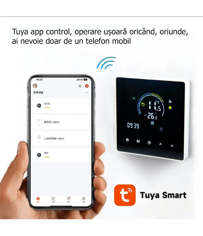 Termostat Inteligent de ambient, HVAC, Pardoseala, Aer Conditionat(AC), TouchScreen, Negru, WIFI, Control prin Aplicatia Tuya, Wireless, Doza de Perete, Control Vocal Google Home, Alexa @SmartWiz [2]