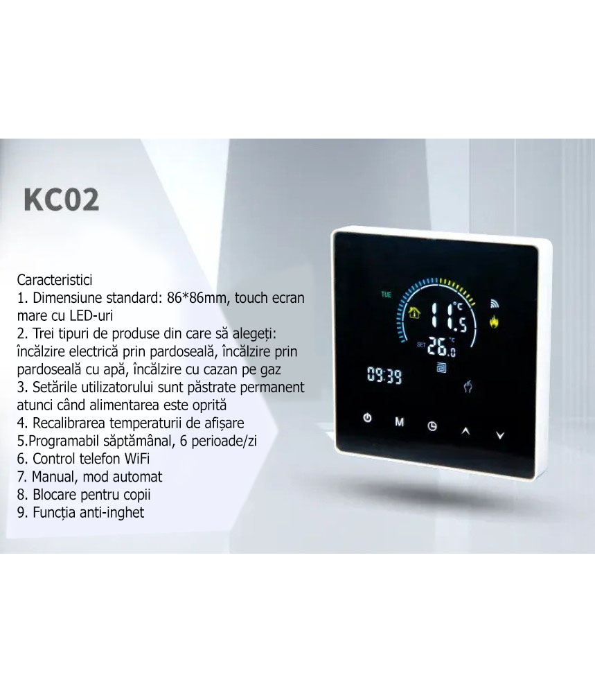 Termostat Inteligent de ambient, HVAC, Pardoseala, Aer Conditionat(AC), TouchScreen, Negru, WIFI, Control prin Aplicatia Tuya, Wireless, Doza de Perete, Control Vocal Google Home, Alexa @SmartWiz [3]