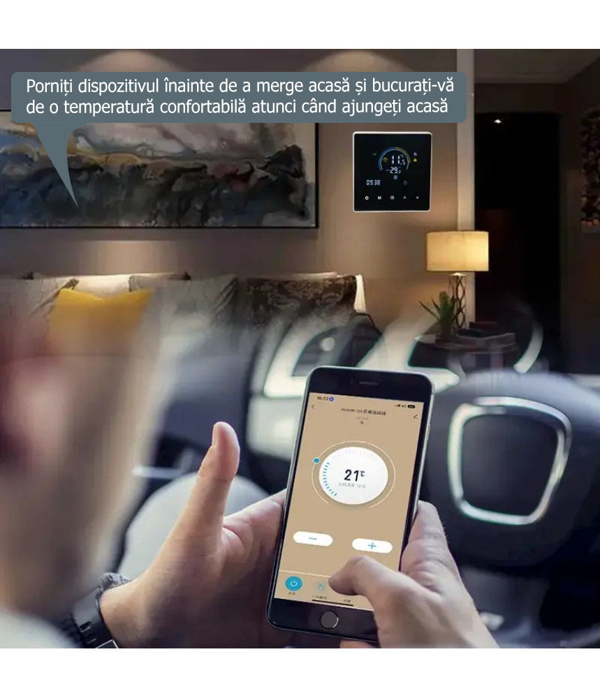 Termostat Inteligent de ambient, HVAC, Pardoseala, Aer Conditionat(AC), TouchScreen, Negru, WIFI, Control prin Aplicatia Tuya, Wireless, Doza de Perete, Control Vocal Google Home, Alexa @SmartWiz [5]