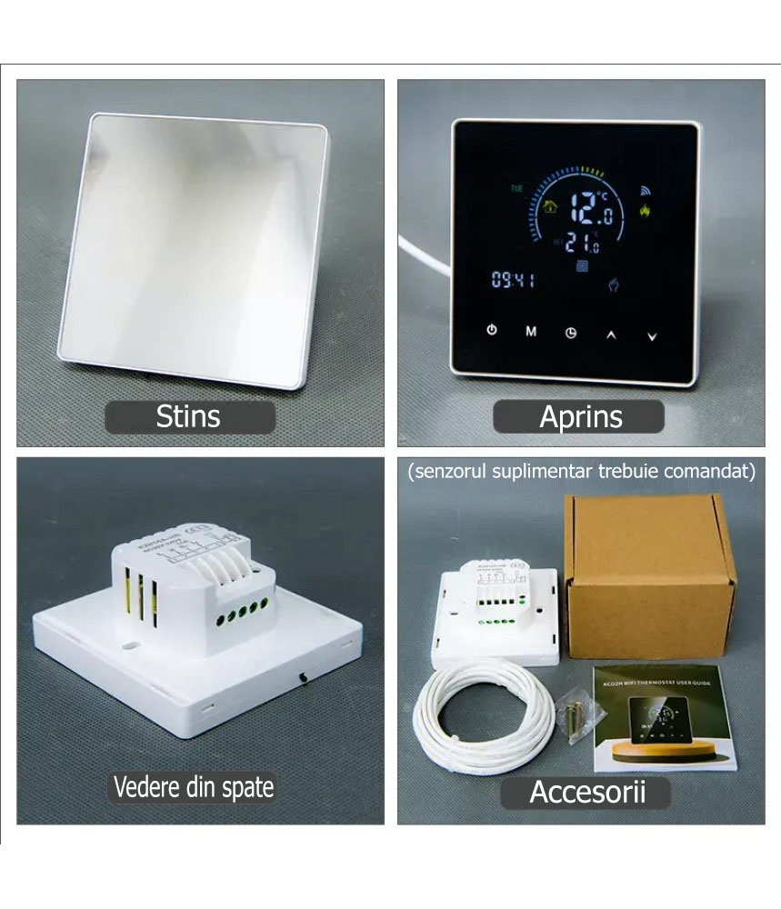 Termostat Inteligent de ambient, HVAC, Pardoseala, Aer Conditionat(AC), TouchScreen, Negru, WIFI, Control prin Aplicatia Tuya, Wireless, Doza de Perete, Control Vocal Google Home, Alexa @SmartWiz [6]