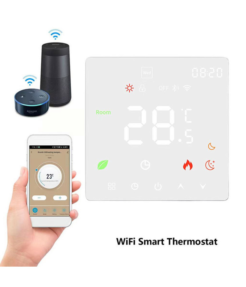 Termostat Inteligent incalzire electrica, TouchScreen, WIFI, Control prin Aplicatia Tuya, Wireless, Prindere in Doza de Perete, Control Vocal Google Home, Alexa, ALB @SmartWiz [7]