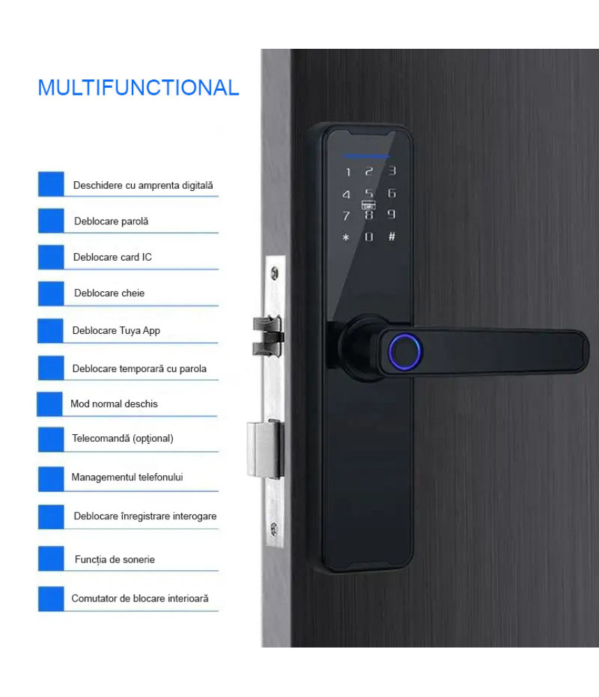 Yala inteligenta Z7, Inchidere digitala a usii, maner Control acces fara cheie, Tuya, Smart Life Control biologic amprenta digitala Inchidere automata Card IC Cod antifurt Usa digitala, negru @ SmartW [3]