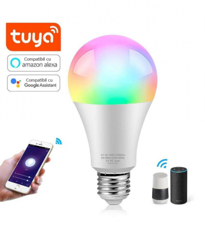 Bec Inteligent LED RGB+WW inteligent Smart A67, Wi-Fi, Tuya/Smartlife, E27, 9W (100W), 806 lm, lumina alba si colorata (2200-6500K), @SmartWiz [2]