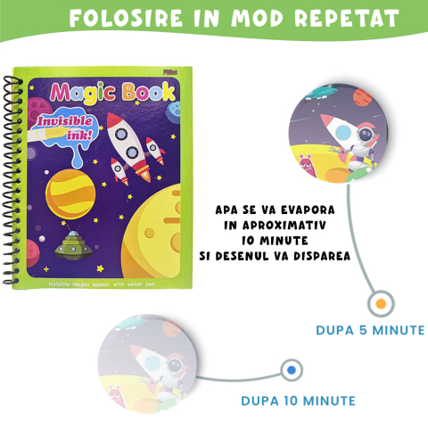 Carte de colorat cu apa Magic Book, Reutilizabila, Racheta si elemente spatiale [3]